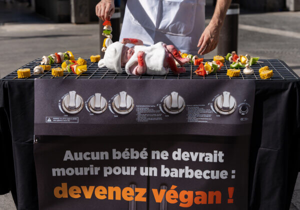 Un « bébé » au barbecue en plein Paris pour promouvoir une alimentation végane