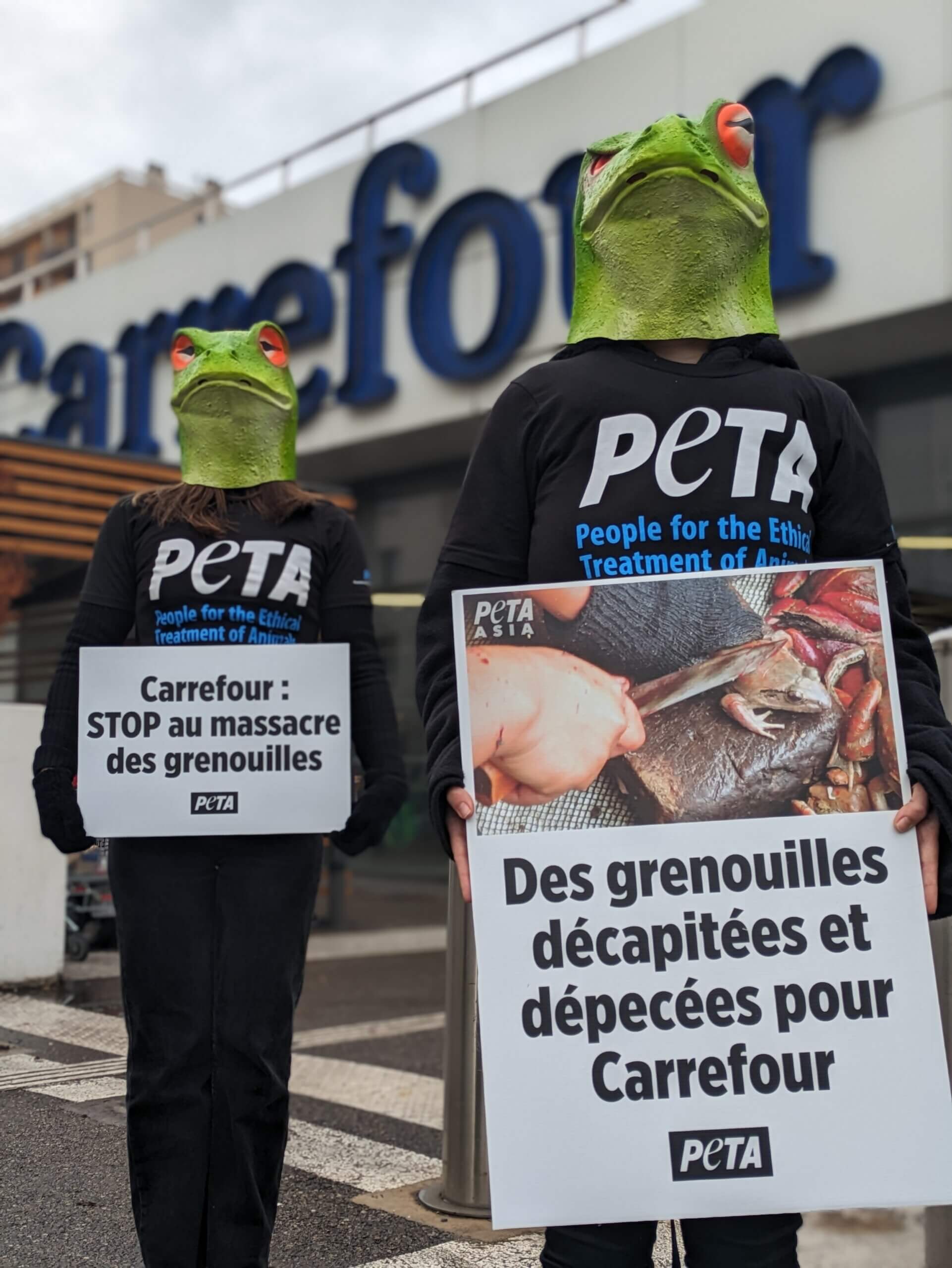 Des « grenouilles » devant le siège de Carrefour pour appeler l’enseigne à cesser de vendre leurs cuisses